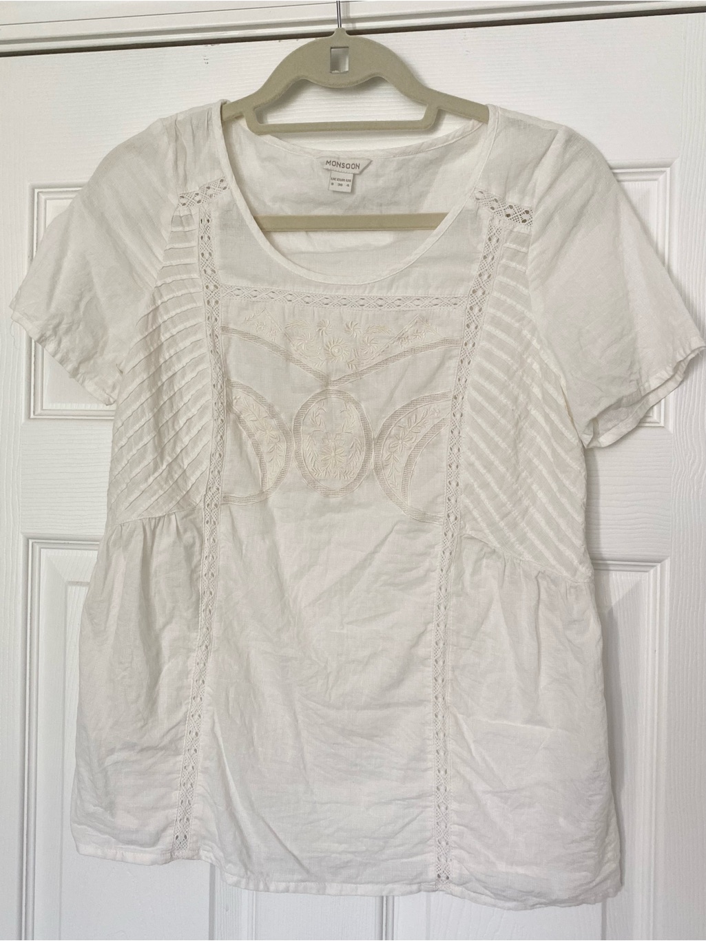 Monsoon White Short-Sleeve Embroidered Top